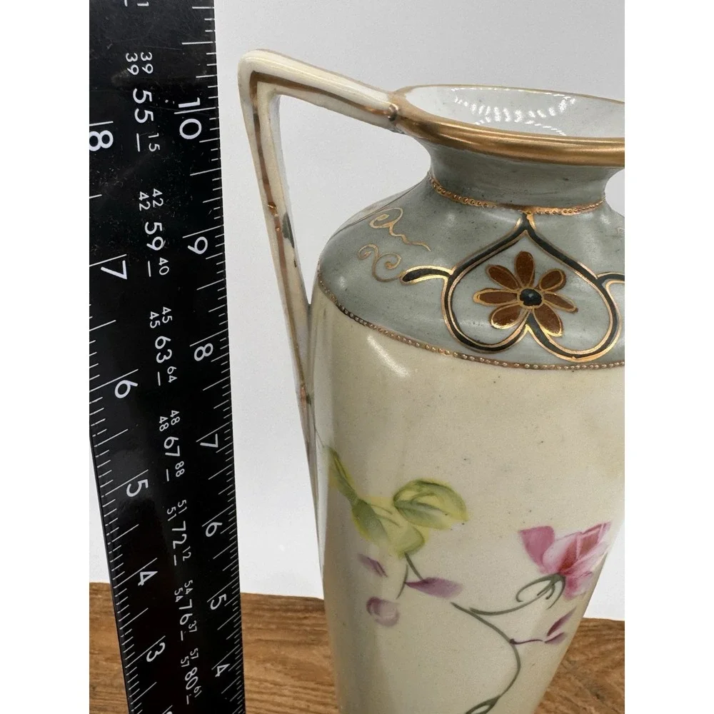 Double Handle Vase Antique Hand Painted Nippon Floral Roses Gold Gilt Porcelain